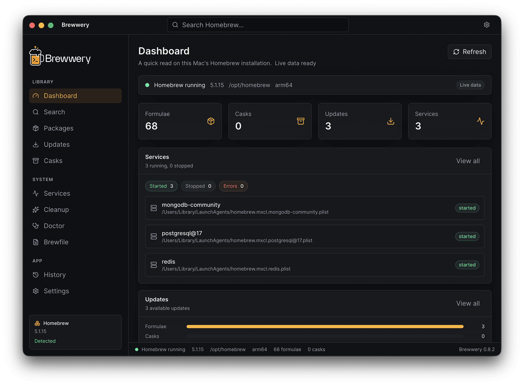 Brewwery dashboard showing installed Homebrew packages with version info and quick actions